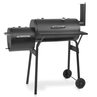 A black charcoal grill with a side firebox and wheels, shown on a white background.