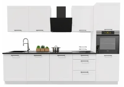 Obrázek produktu pro Kuchyňská linka 300 cm - s černou pracovní deskou - Bílá matná - horní a dolní skříňky - tiché dovírání Soft-Close - ADELE