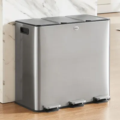Produktbild von CASABEL Mülleimer Küche 60 L, Mülltrennsystem 3 x 20 L aus Rostfreiem Edelstahl, Rechteckiger Recycling, Abfalleimer mit Pedalen, Fingerabdruckschutz und Geruchsdicht, Chrom