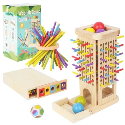Produktbild von Holzspielzeug Lernspielzeug 3-in-1 - 40 Holzstäbchen - Ab 3 Jahren - Balljagd, Balance und Sortieren