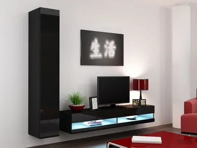 Obrázek produktu pro Stěna do obývacího pokoje s LED modrým osvětlením ASHTON N9 - černá / lesklá černá