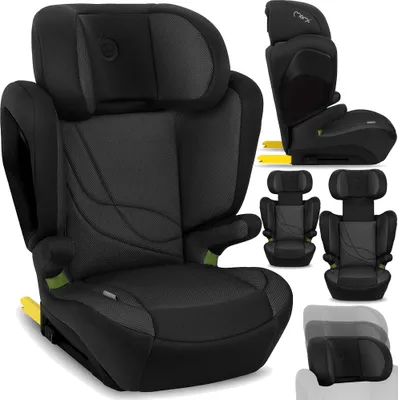 A black and gray child car seat is displayed with multiple views and close-ups.