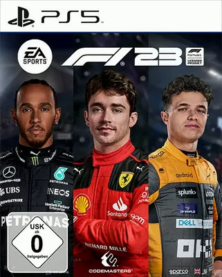 Cover art for the F1 23 video game for PS5, featuring three Formula 1 drivers.