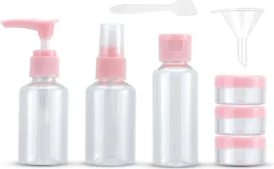 Produktbild von Intirilife Flaschen Set in ROSA TRANSPARENT – Mehrteiliges Set mit leeren Flaschen, Behältern, Trichter zum Nachfüllen, zum Reisen, für Pröbchen etc. TSA Genehmigtes Gepäck