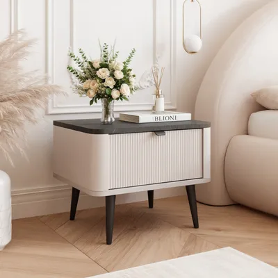 Produktbild von Nachttisch NAVANI mit Schublade Nachtschrank mit schwarzem Gestell modernes Design Beistelltisch fürs Schlafzimmer Kaschmir + Steingrau