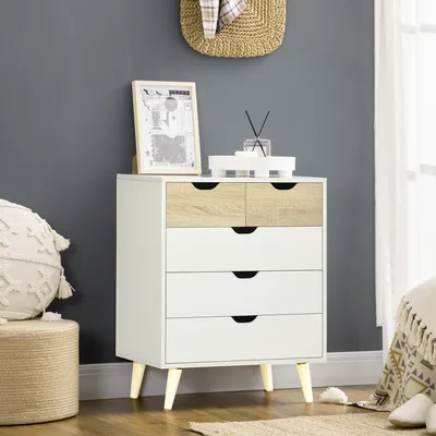 Imagen del producto de Cómoda Sweiko, armario, 5 cajones, con sistema antirrobo, diseño moderno, madera de haya, blanco y marrón claro, 60 x 40 x 77,5 cm