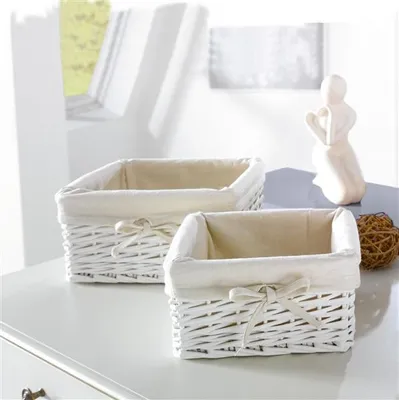 Image de 2 paniers de rangement en osier, blanc, avec intérieur en textile, panier de remplissage