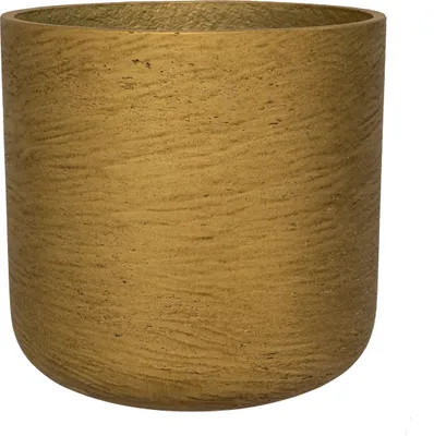 A close-up studio shot of a single gold-colored planter pot.
