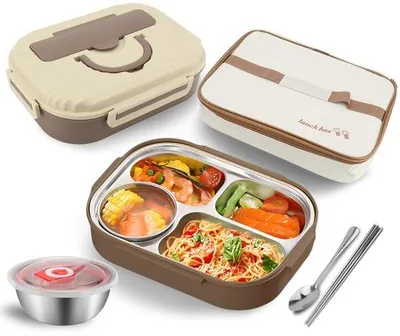 Produktbild von Isolierter Lunchbox mit Soßenbecher, Essstäbchen und Löffel, Edelstahl 304, 4 Fächer, dicht, mikrowellensicher, isolierte Lunchbox für Büro und Schule (Kaki)