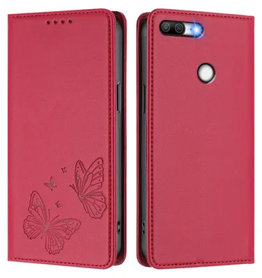 Produktbild von Lederhülle für Honor 9 Lite, Schmetterling Prägung Leder Brieftasche Schutzhülle mit Ständer Rot