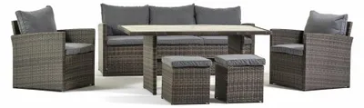 Immagine prodotto di Set da giardino a 6 posti in polyrattan con divano, 2 poltrone, 2 pouf, cuscini sfoderabili e tavolo in polywood per terrazza e veranda, Catania