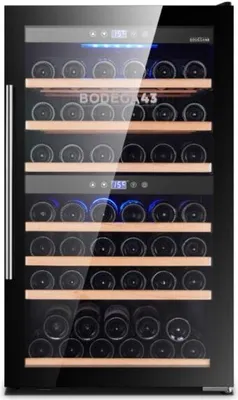 A wine cooler with multiple shelves stocked with wine bottles.