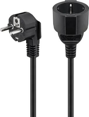 A black power cord with a European plug and socket is shown against a white background.
