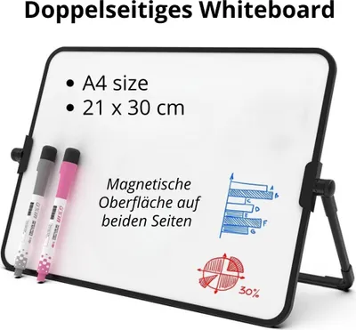 Produktbild von Doppelseitiges Whiteboard A4 mit Ständer – Magnetisch, 360° drehbar, trocken abwischbar – Tisch-Flipchart für Büro, Schule, Präsentation & Zuhause