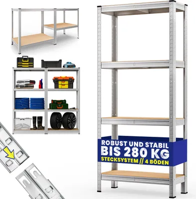 A collage of images showing different shelving units and accessories, with a focus on a heavy-duty shelving unit.