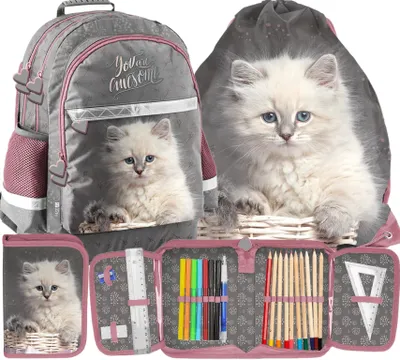 Image de Ensemble 3 pièces : cartable, sac à dos, sac d'école, trousse, sac de sport, chaton