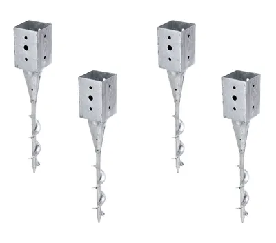 Four galvanized steel ground screw anchors with square top sockets, arranged in a grid on a white background.