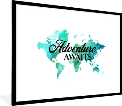 Produktbild von MuchoWow® Gerahmtes Poster Weltkarte - Zitat - Aquarell 80x60 cm - Poster mit Schwarzem Bilderrahmen Wandposter Rahmen Foto Bilder - Schlafzimmer-Dekorationen - Fotoposter
