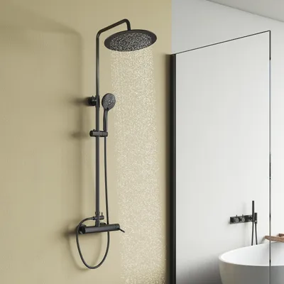 Douchezuil schwarz, höhenverstellbar, 250 mm Duschkopf, Handbrause 3 Strahlarten