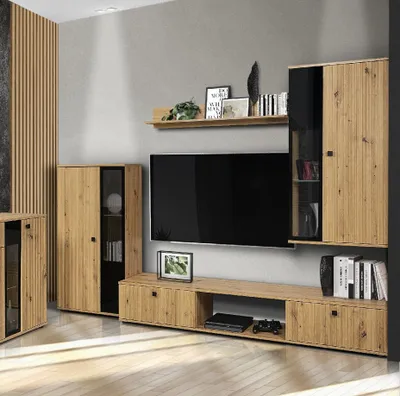 Produktbild von Wohnwand SALSA MDF Front mit LAMELLEN-Fräsung Schrankwand TV-Schrank + Wandregal + 2xVitrine Sideboard Wohnkombi Wohnzimmer Anbauwand Artisan/ Artisan