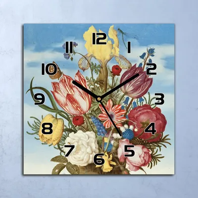 Produktbild von Wanduhr Echt-Glas-Küchenuhr Ölgemälde Blumen Quarz Lautlos 30x30 Deko Bilder