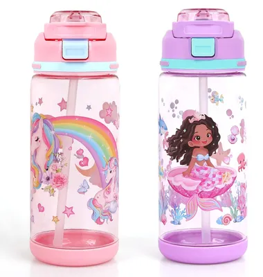 Immagine prodotto di Borraccia per bambini, capacità 600 ml, senza BPA, a prova di perdite, con cannuccia, ideale per la scuola e lo sport
