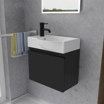 Produktbild von Alpenberger Waschtisch mit Unterschrank | Gäste WC Waschbecken Klein 45 cm Breit | Keramik Aufsatzwaschbecken mit Waschbeckenunterschrank | Badmöbel Set Hängend | Waschtischunterschrank Schwarz Matt