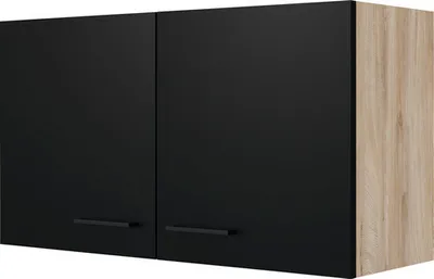 A two-door wall cabinet with black doors and a wood-grain side.