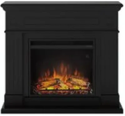 A black electric fireplace with a digital display and visible flames.