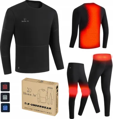 A collage of images showing a black heated thermal underwear set for men, including a long-sleeved top and pants, along with its packaging and control buttons.