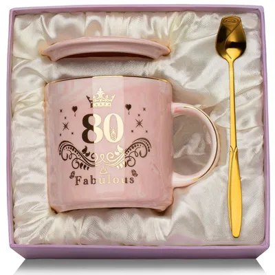 Immagine prodotto di Tazza da caffè in Vetroceramica rosa con decorazioni dorate, in stile marmo, capacità 400 ml, ideale come regalo per il 80° compleanno di una donna