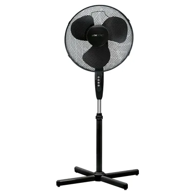 A black Clatronic stand fan is shown against a white background.