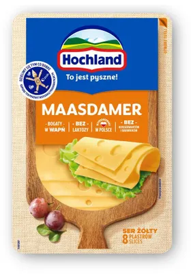 Zdjęcie produktu dla Hochland Maasdamer ser żółty w plastrach. Ser podpuszczkowy dojrzewający 135 g