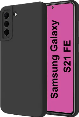 A black Samsung Galaxy S21 FE phone case is shown with the phone screen displaying text.