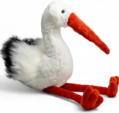 A plush toy stork sitting on a white background.