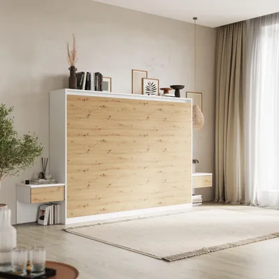 Produktbild von SMARTBett Set 140-Schrankbett Horizontal CLASSIC mit 2 Nachtkonsolen Weiss/Wildeiche