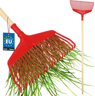 Productafbeelding van KOTARBAU® Bladhark - Tuinhark van Kunststof - 38 cm - met Houten Steel - 150 cm - Extra-Click - Gazonhark - Waaierbezem - Stevige Hark - Hark voor Gras Tuin Gazon - Rood & Gelakt Hout