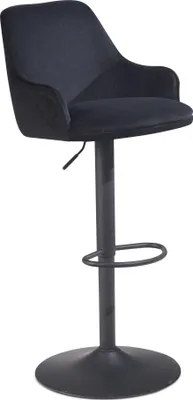 Barhocker Samt Schwarz höhenverstellbar 86-106cm Metallfuß gepolstert in Gesamtansicht mit schwarzem Samtbezug und Metallfuß.