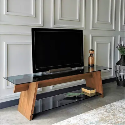 Produktbild von Skye Decor, TV201, Fernsehtisch, Nussbaum, 100 % gehärtetes Glas, 158 x 40 x 45 cm