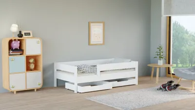 Produktbild von Kinderbett 'Hanni' 200x90 Kinderbett Hanni mit Rausfallschutz & Lattenrost weiß 90 x 200 für Mädchen und Jungen Massivholz Kiefer und MDF Möbelplatte, ohne Matratze, mit Schubladen