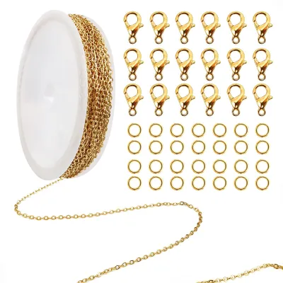 Edelstahl-Ketten 5 m, 1,5 mm, gold, mit 20 Karabinern und 50 Ringen