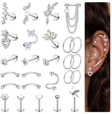 Productafbeelding van Dailygoods- Helix Piercing Set 26 Stuks - Roestvrij Staal - Hypoallergene Oorbellen - Tragus/Oorbellen - Kraakbeen/Hoop - DIY Styling Opties