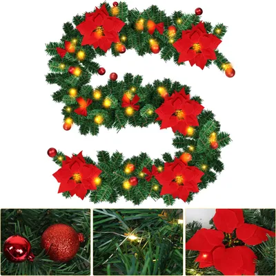 Produktbild von Vigevee LED-Weihnachtsgirlande 2,7 m, 50 LEDs warmweiß, Batteriebox, rotes Dekorationsset, Weihnachtsdeko für Tür und Treppe