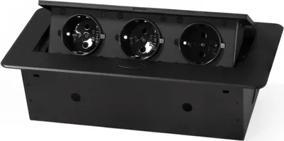 A black, three-socket pop-up power outlet is shown on a white background.