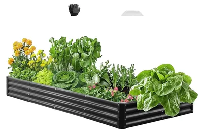 Image de Bac à plantes surélevé en métal VEVOR, 2395x1200x280 mm, bac à plantes galvanisé, bac à plantes à fond ouvert, bac à légumes pour la culture de légumes, fleurs, herbes aromatiques & succulentes, gris foncé
