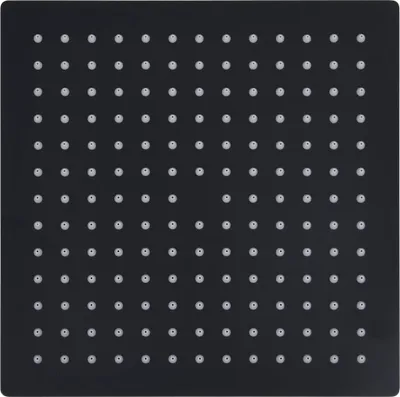 A top-down view of a square black showerhead with multiple small, gray nozzles.
