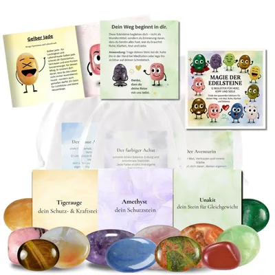 Produktbild von MilaBoo Magie der Edelsteine 12er Set Glückssteine mit Bedeutung – Naturstein Geschenkset im Organzasäckchen mit Karte & Broschüre – Mutstein Schutzst