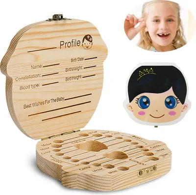Produktbild von Zahnbox Holz Milchzähne Box, Milchzahndose aus Holz Wort Milchzahnbox für Mädchenn Mädchen Souvenir Box Weihnachten Geschenk (Mädchenn)