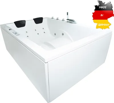 Produktbild von Basera CLASSIC Indoor Whirlpool Badewanne XXL Wave 180 x 130 cm für 2 Personen mit 24 Massagedüsen, Wasserfall, LED-Ambiente, Touchpanel, Bluetooth und Radio