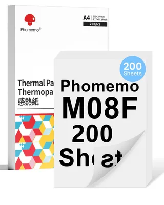 Image de Papier thermique recto verso Phomemo M08F pour imprimantes mobiles M08F M832 M832D M833 M834 et autres imprimantes thermiques A4, 210 x 297 mm Papier pour imprimante M08F, 200 feuilles